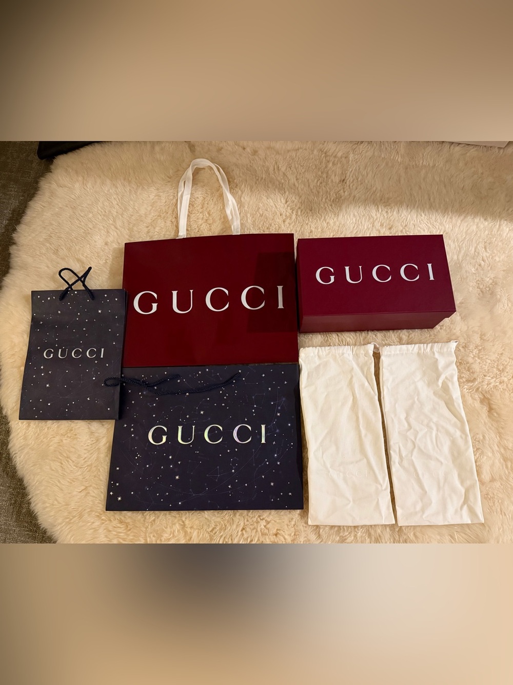 Gucci Burgundy and Navy Shopping Bags & Shoe Box and Shoe bags set